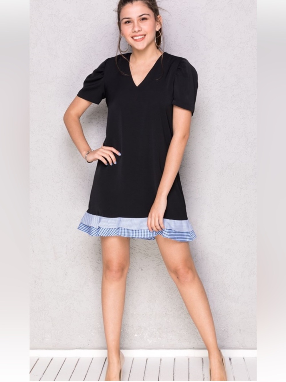 Zara Black Mini Dress with Blue Gingham Ruffle